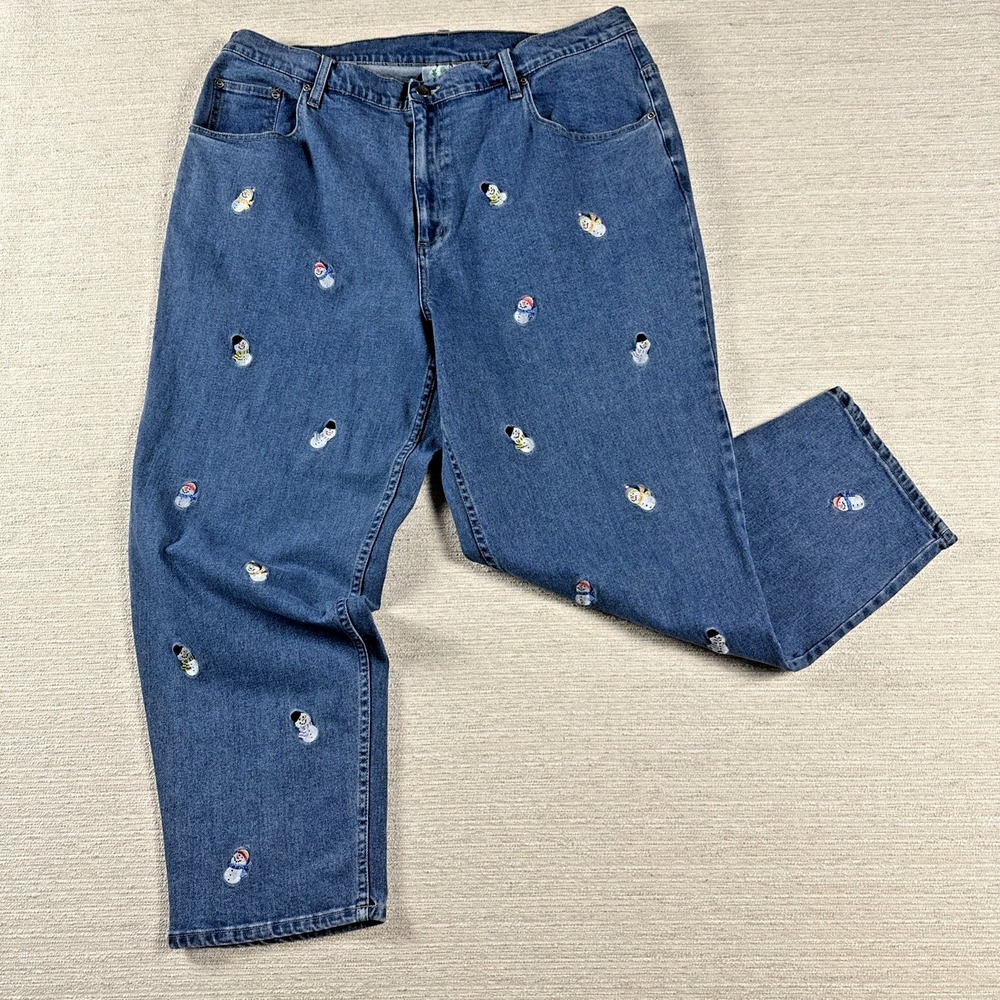 Christmas Snowman Jeans Plus Size 22W Embroidered Holiday Winter Cottagecore